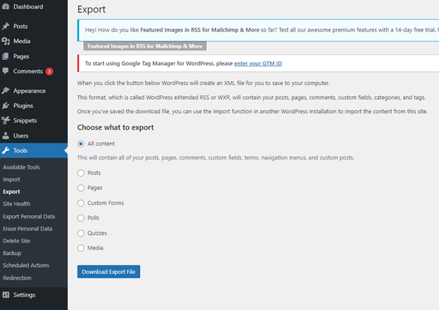 Wordpress dashboard for exporting content