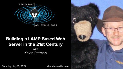 Building a LAMP Based Web Server in the 21st Century session slide with Kevin's headshot and a puppet
