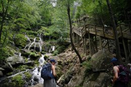 A tall waterfall with stairs to the right.