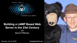 Building a LAMP Based Web Server in the 21st Century session slide with Kevin's headshot and a puppet